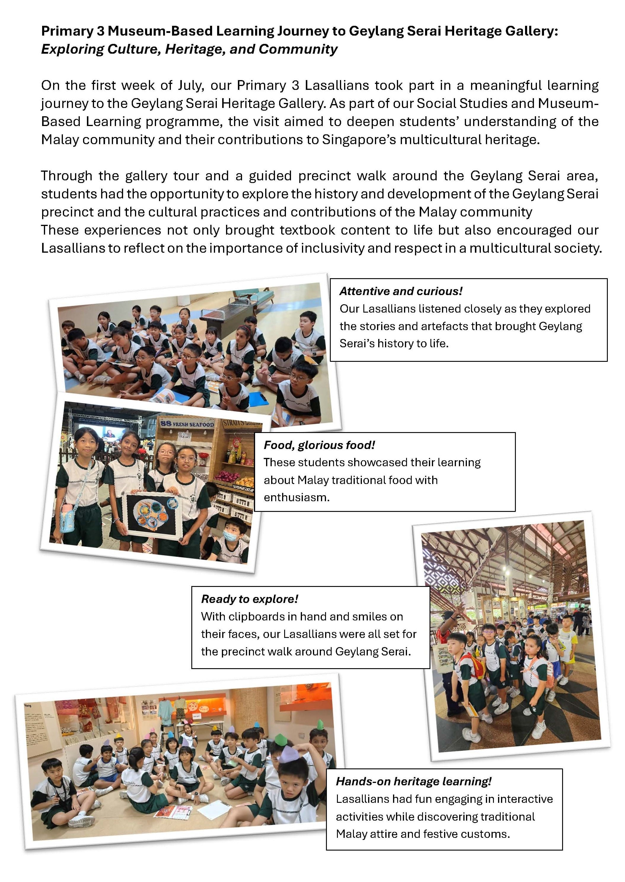 A school newsletter about Primary 3 students visiting Geylang Serai Heritage Gallery, with four photos of pupils.