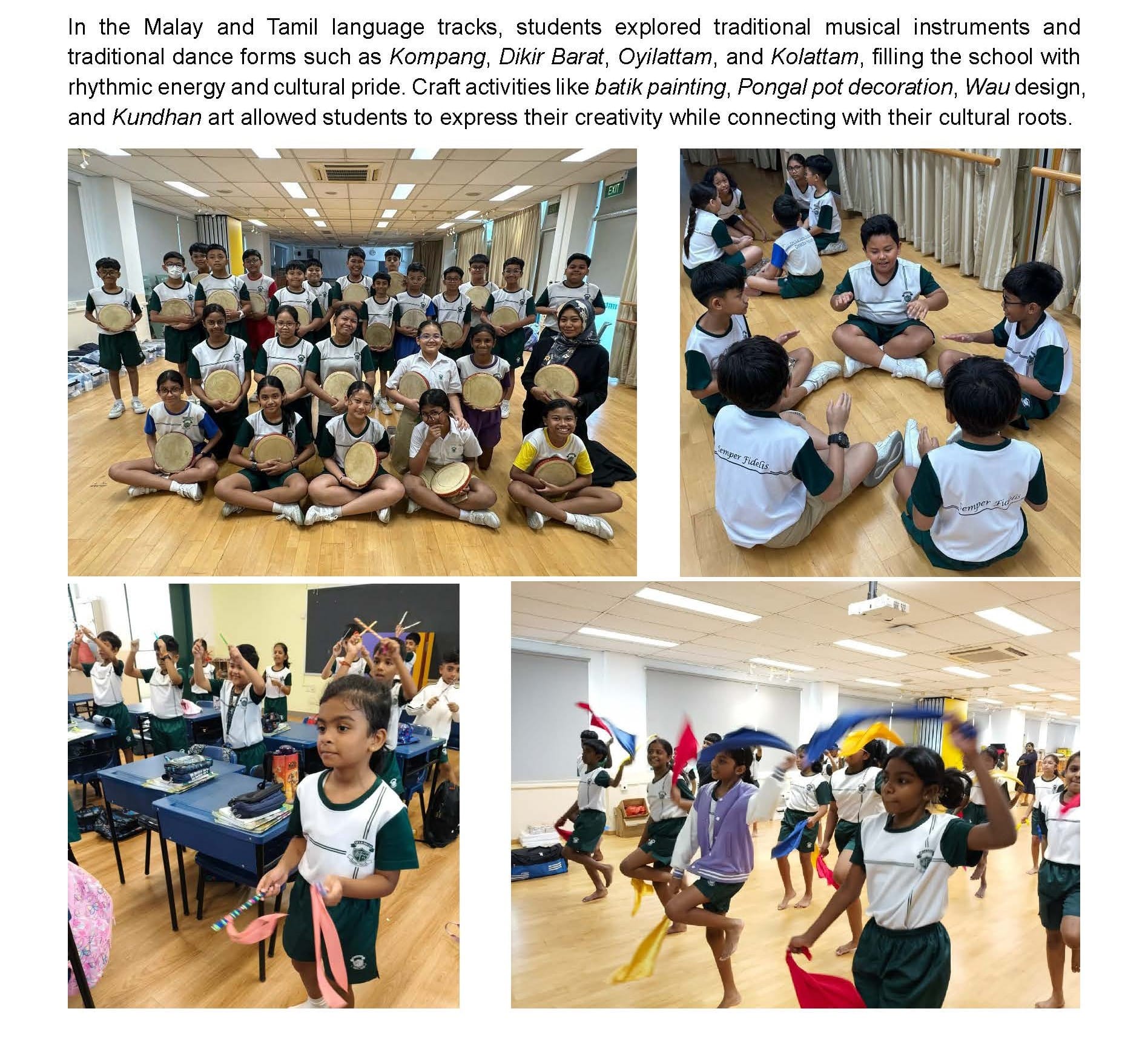 Students in uniforms play kompang drums, sit in circles, wave colored scarves, and dance in a school hall.