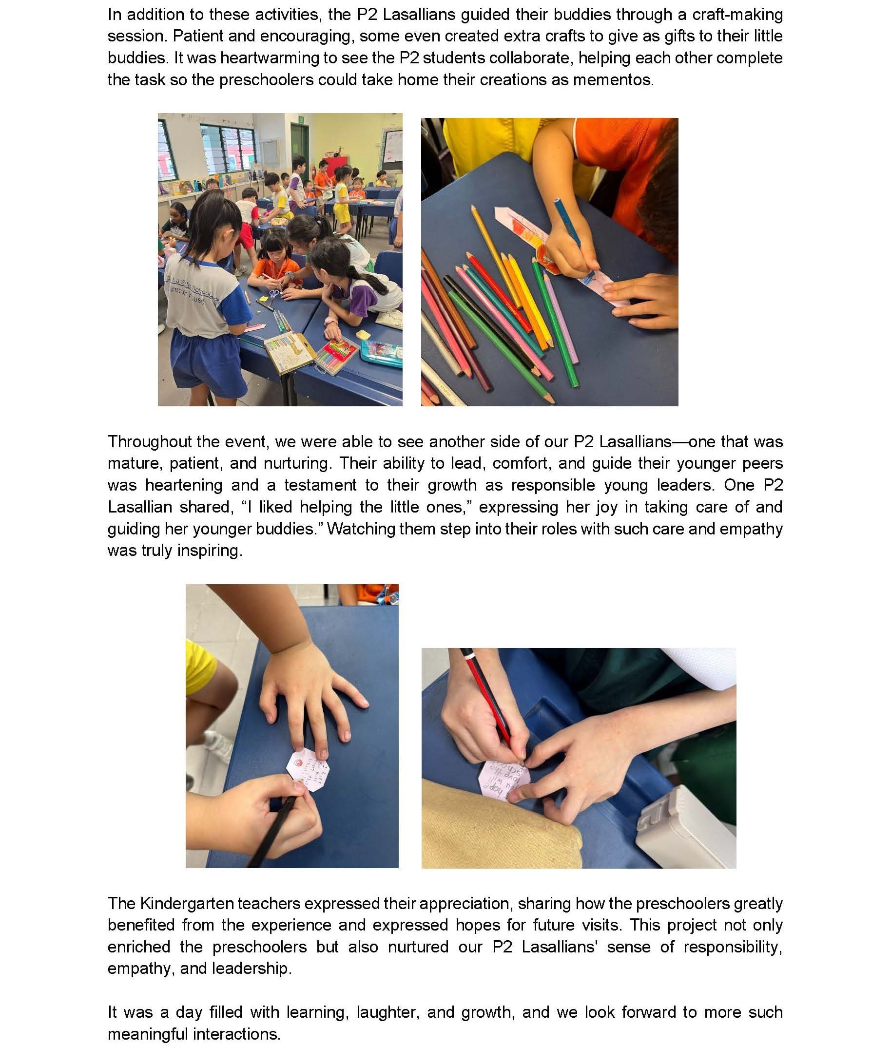 Children doing crafts at tables with colored pencils, and close-up shots of hands writing on small paper crafts.