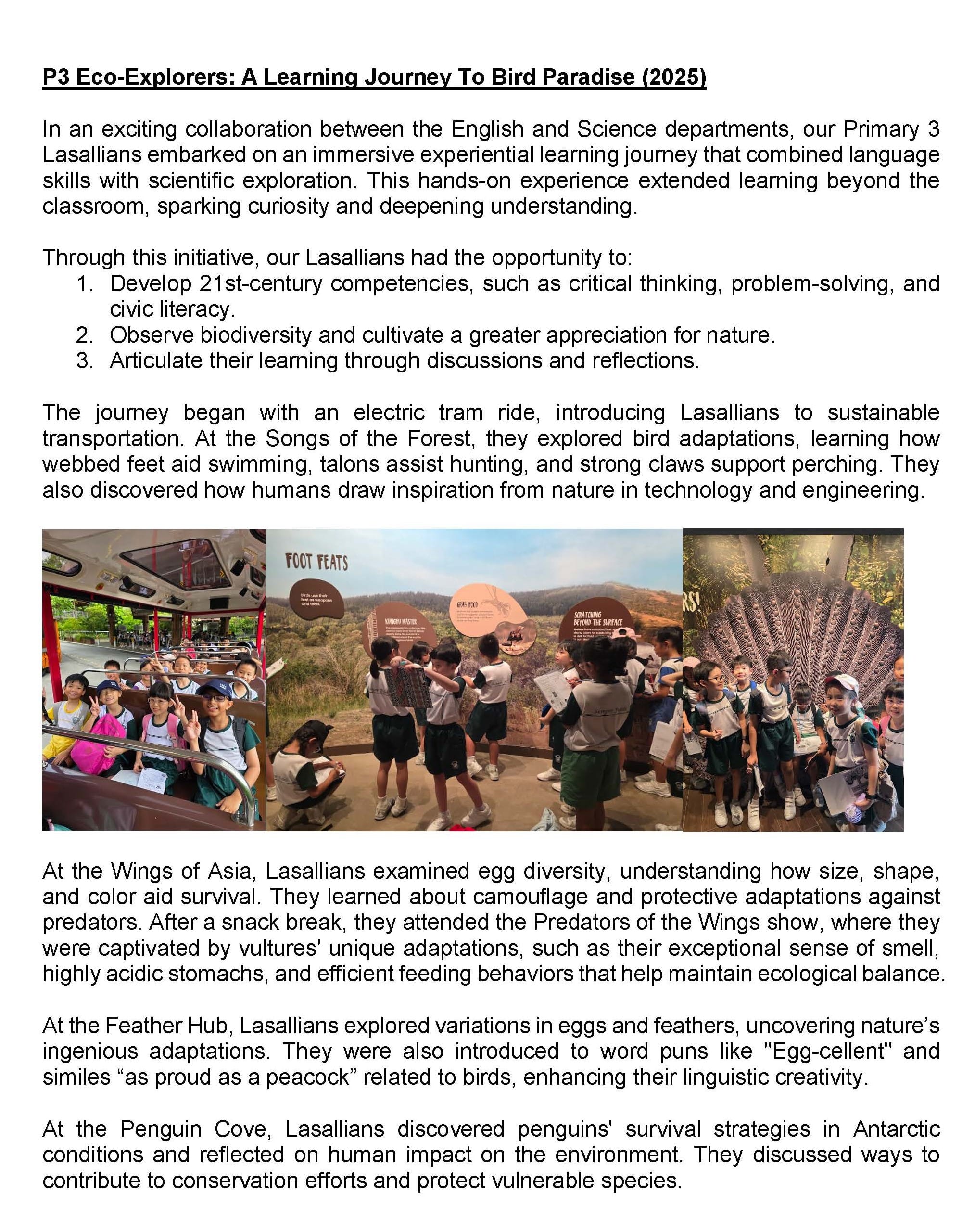A document titled P3 Eco-Explorers with three photos of students on a tram and at bird exhibits.