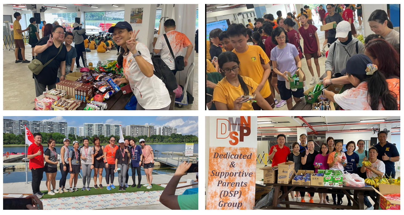 Four photos of a school community event showing parents and students distributing snacks and posing outdoors near a waterway.