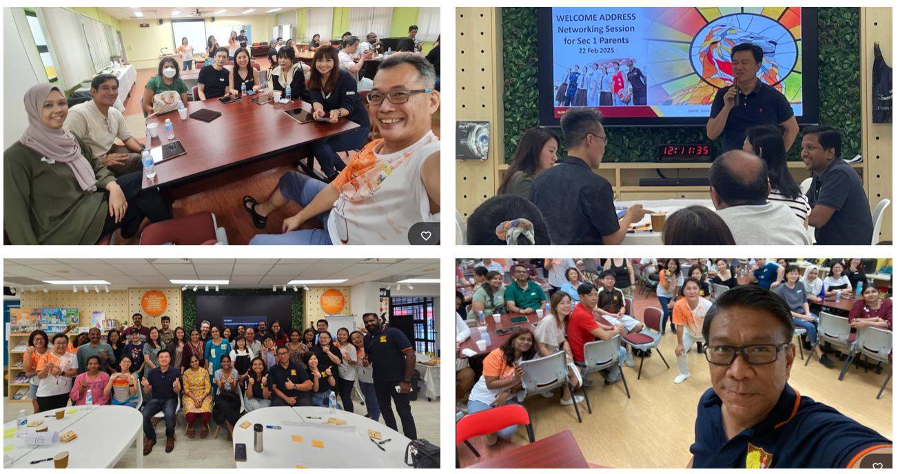 Four photos from a school networking session for Sec 1 parents on 22 Feb 2025, showing group discussions and a speaker.