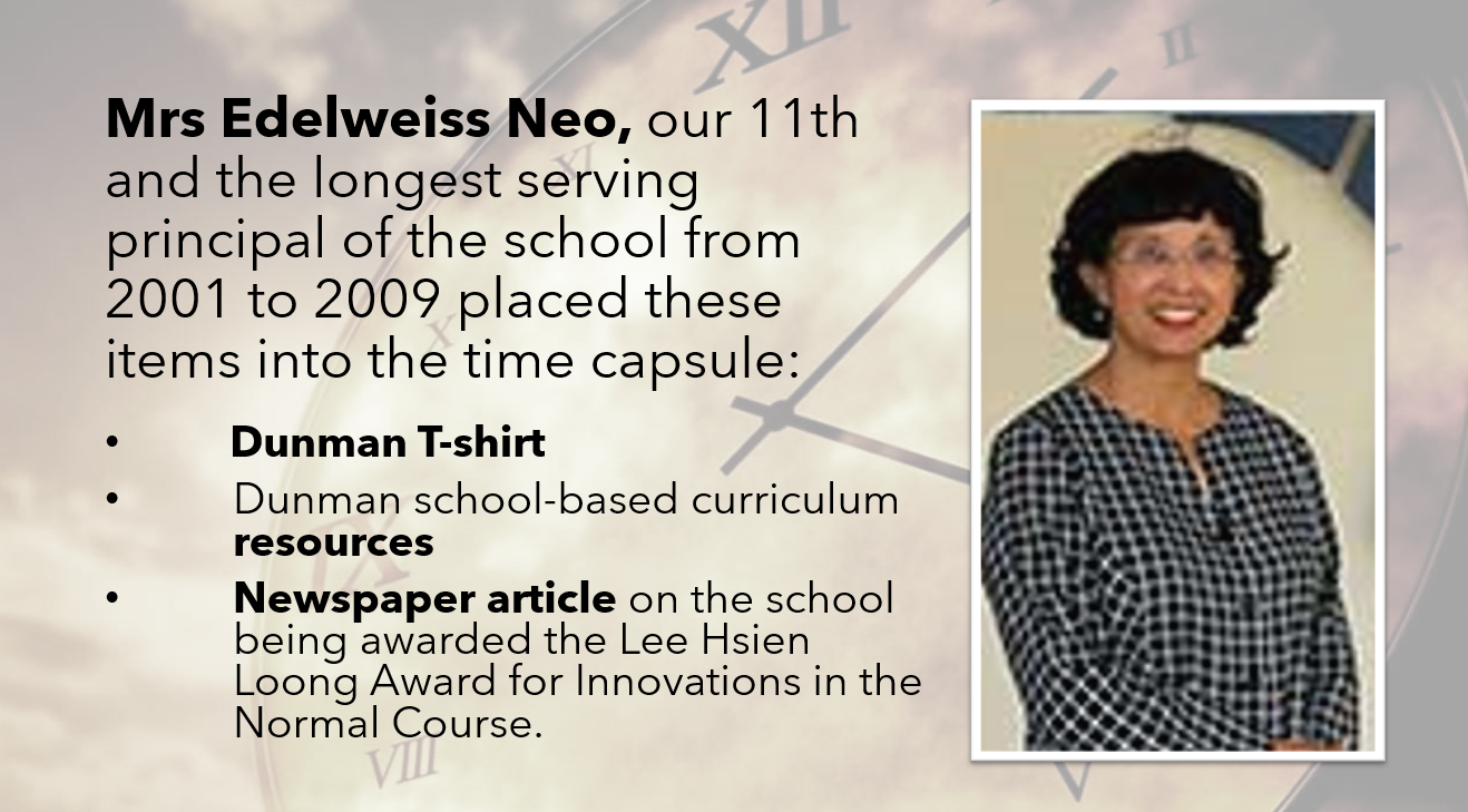 A smiling woman in a checkered top beside text about Mrs Edelweiss Neo, school principal from 2001 to 2009.
