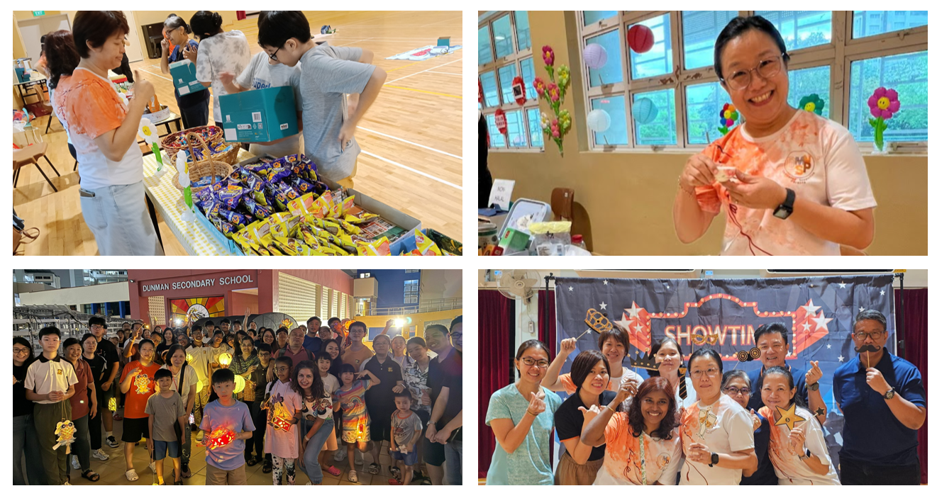 Four photos from a school event showing people with snacks, crafts, glowing lanterns, and a Showtime banner.