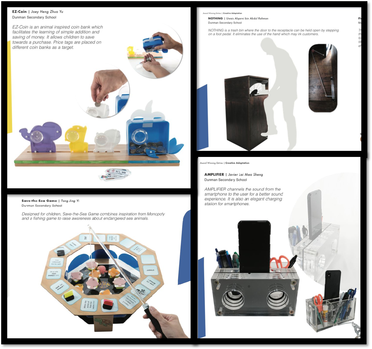 Four student design projects: animal coin banks, a board game, a foot-pedal trash bin, and a phone amplifier dock.
