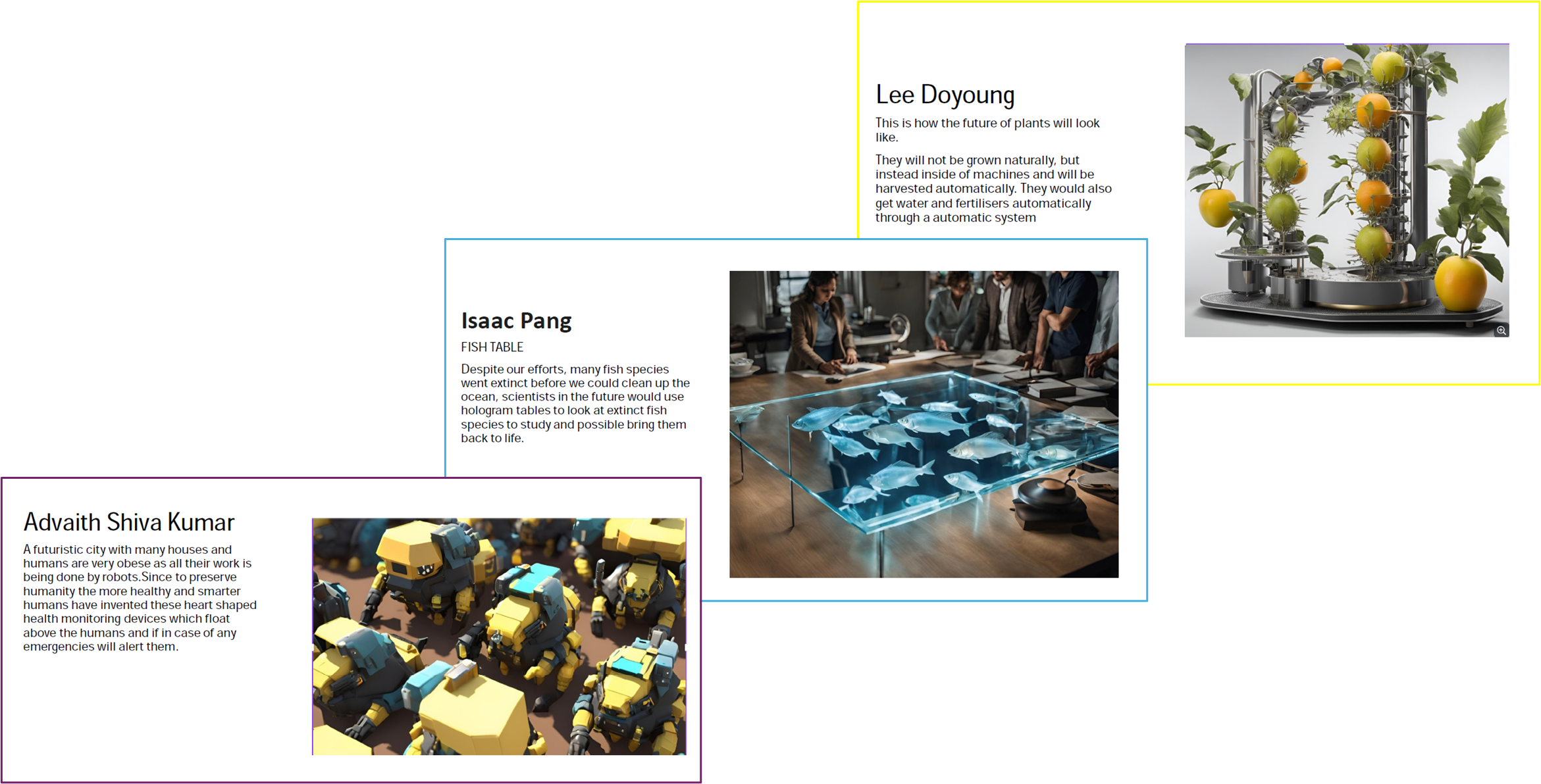 Three student project cards showing futuristic AI-generated scenes: robots, a fish hologram table, and a plant-growing machine.