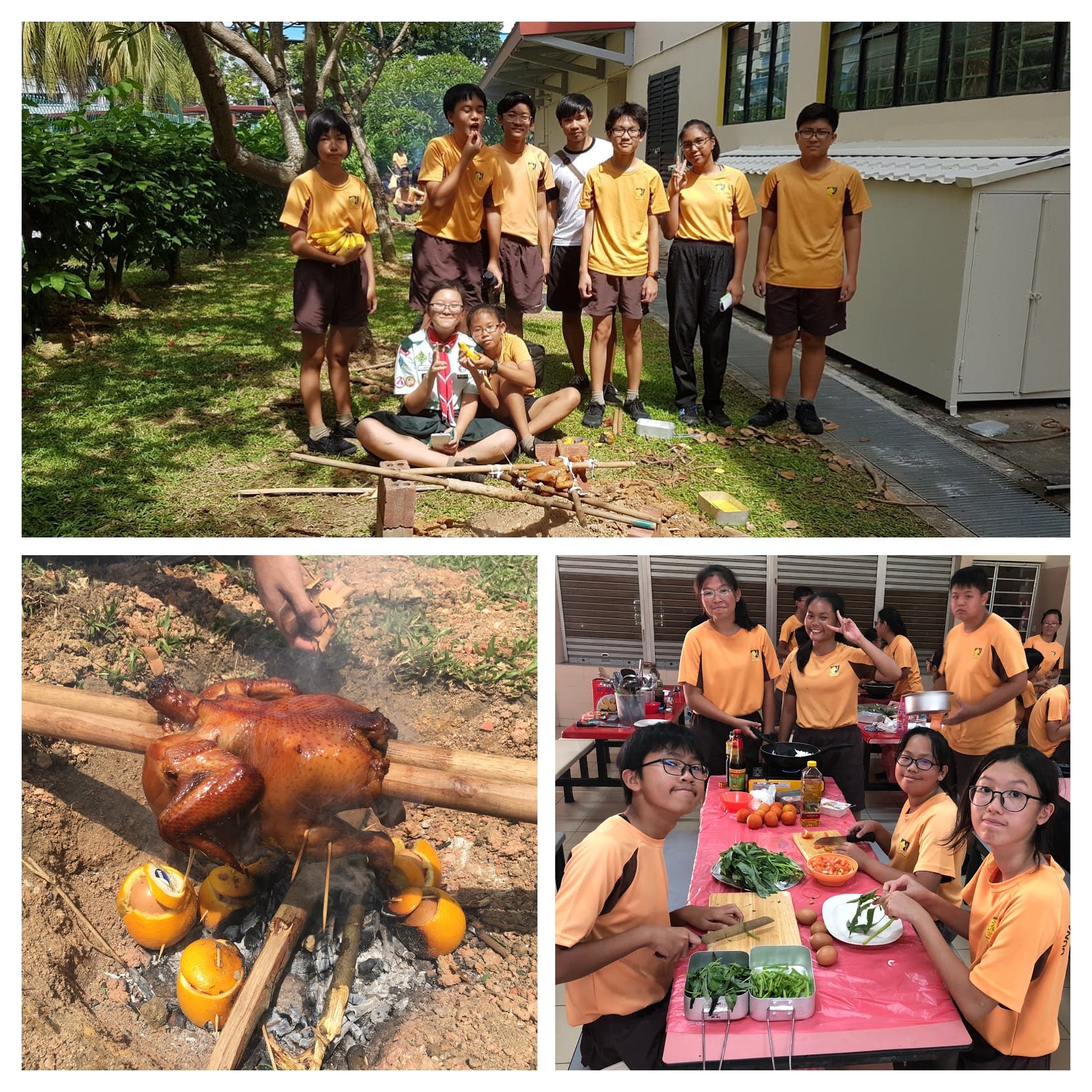 Students in yellow uniforms roast a whole chicken over an open fire on bamboo poles and prepare vegetables at tables outdoors.
