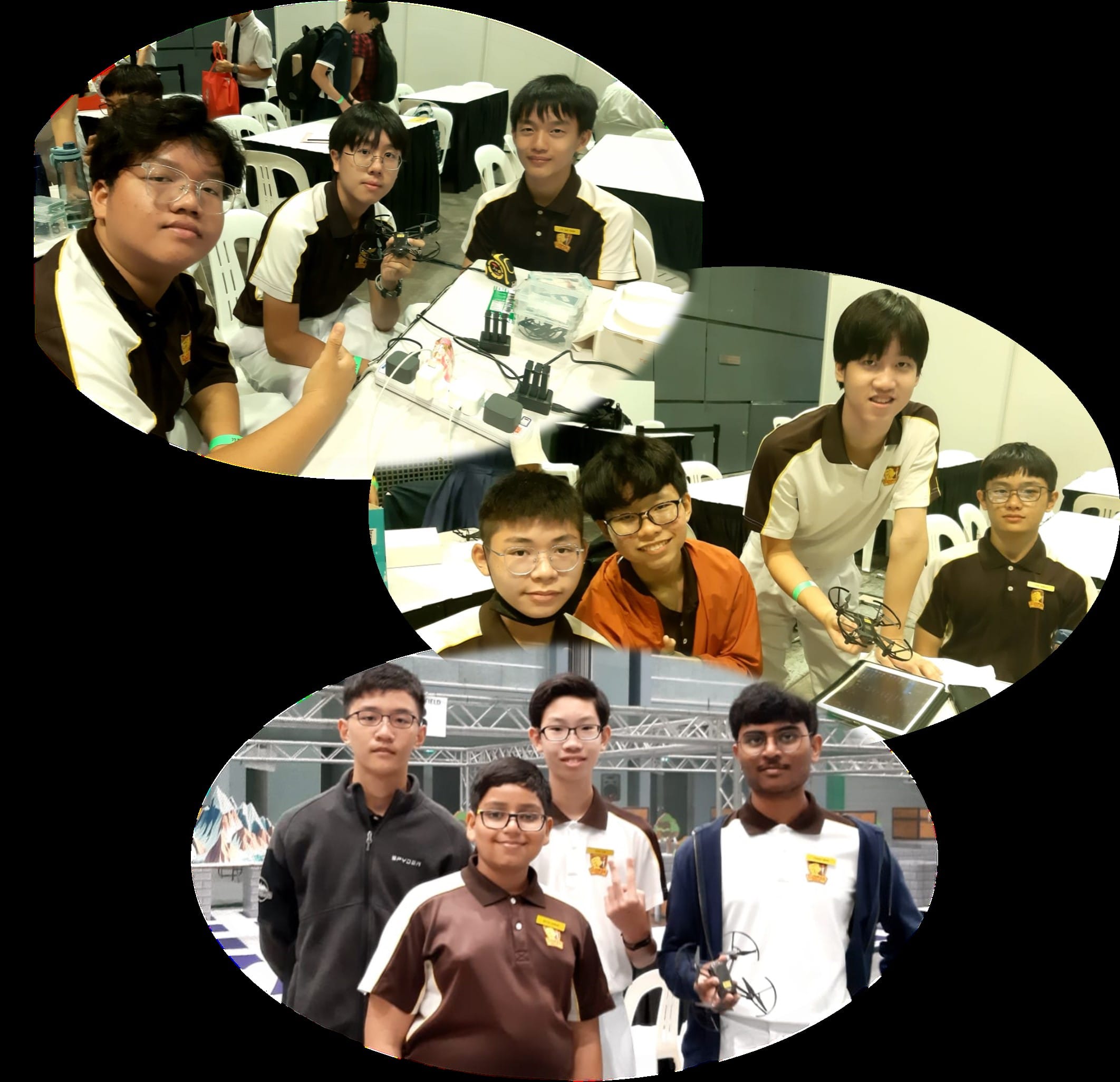 Three oval-cropped photos of teenage students in brown and white uniforms at a technology competition, some holding drones.