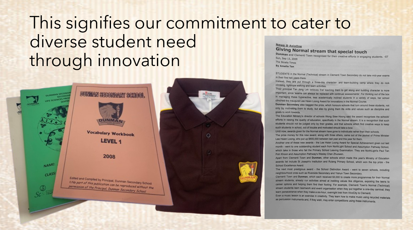 Dunman Secondary School vocabulary workbook, a maroon school uniform polo shirt, and a newspaper article about student innovation.