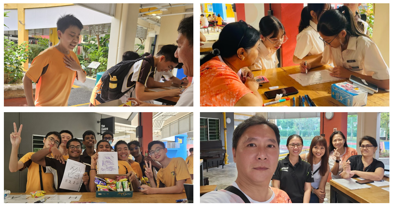 Four photos of students and adults at a school event, writing at tables, posing with drawings, and taking a selfie.