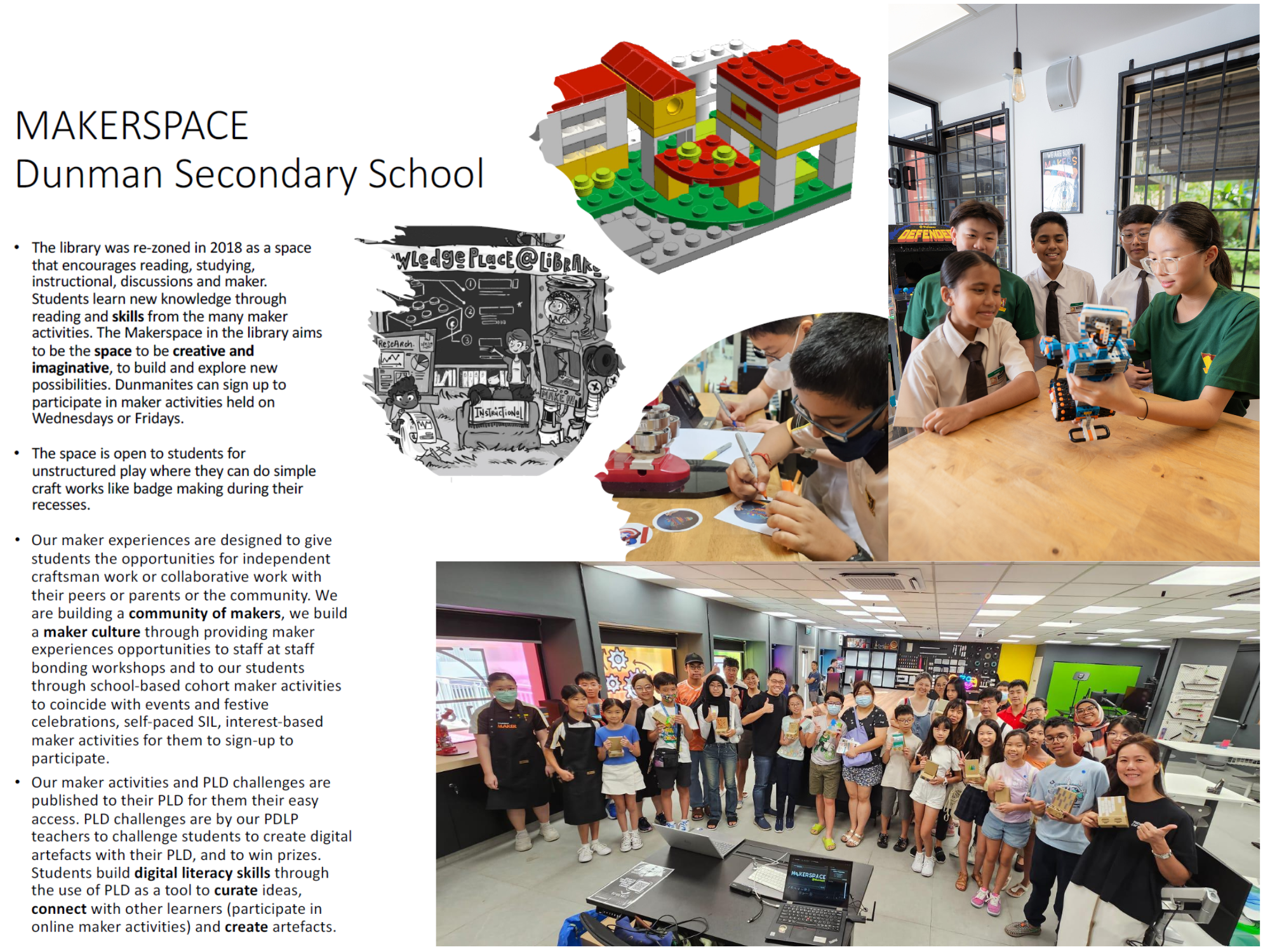 Flyer for Dunman Secondary School Makerspace showing students doing crafts, robotics, and a group photo.