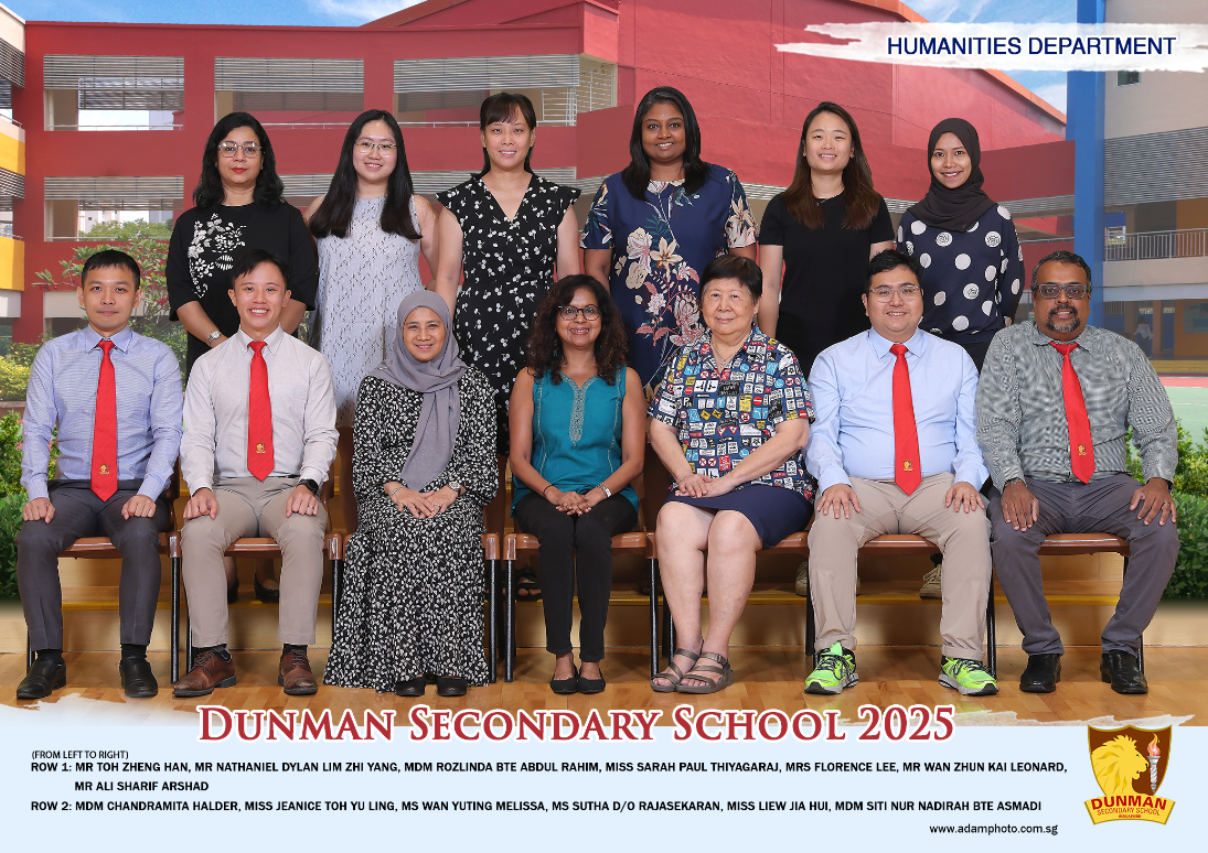 Group photo of Dunman Secondary School 2025 Humanities Department staff, with 13 members in two rows.