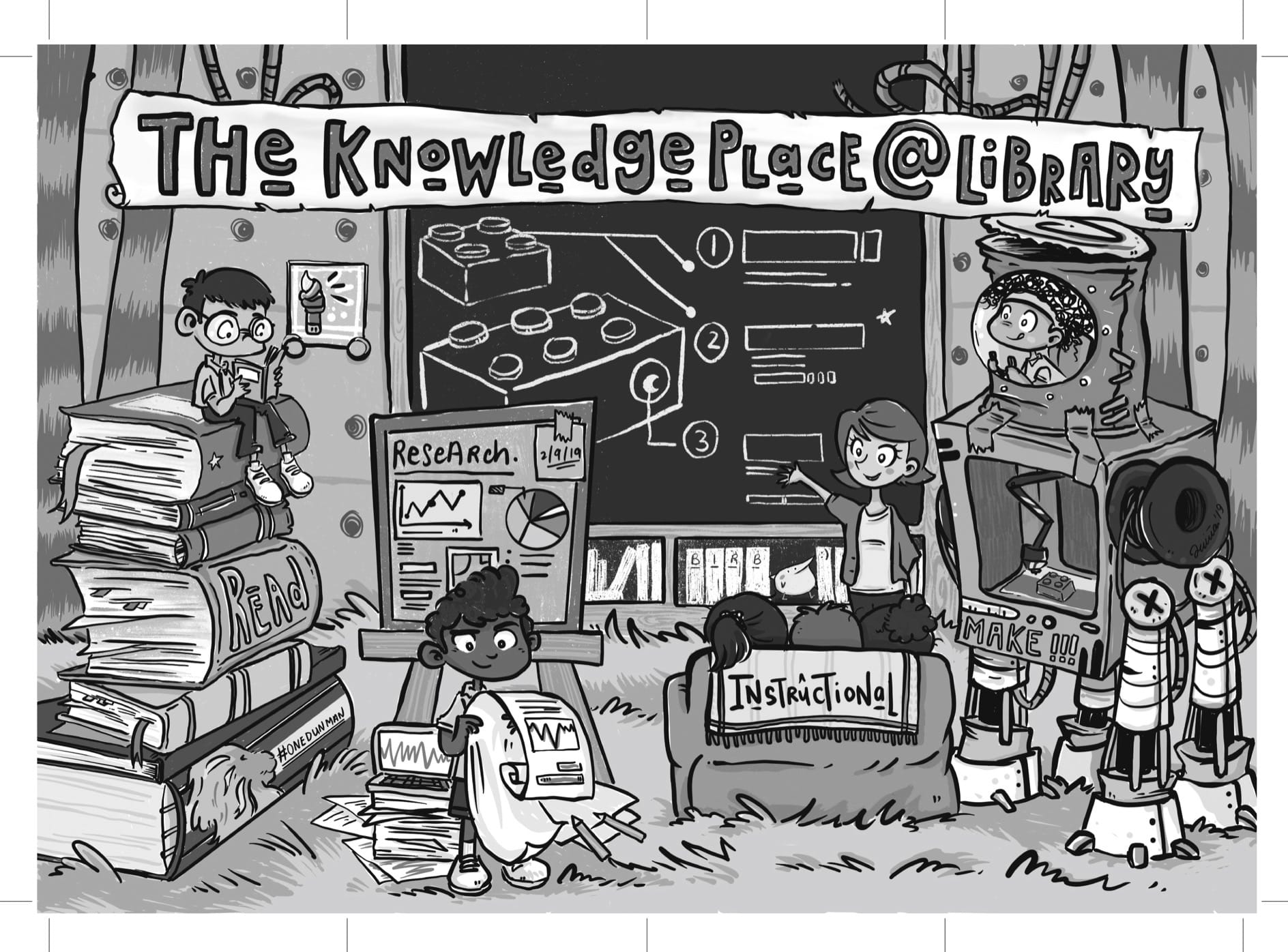 Black and white cartoon of children in a library makerspace under a banner reading "The Knowledge Place @ Library."