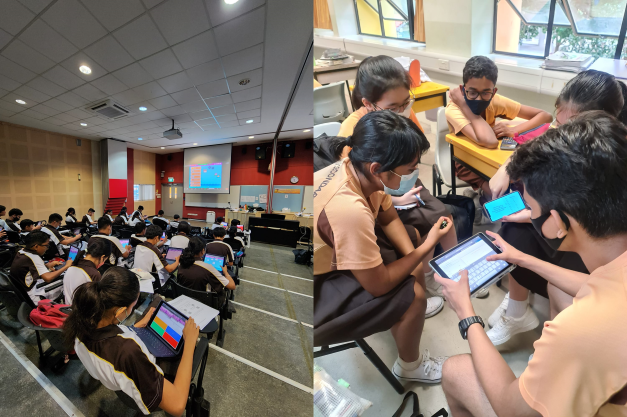 Students in uniforms use tablets in a large lecture hall and gather in a small group using devices.