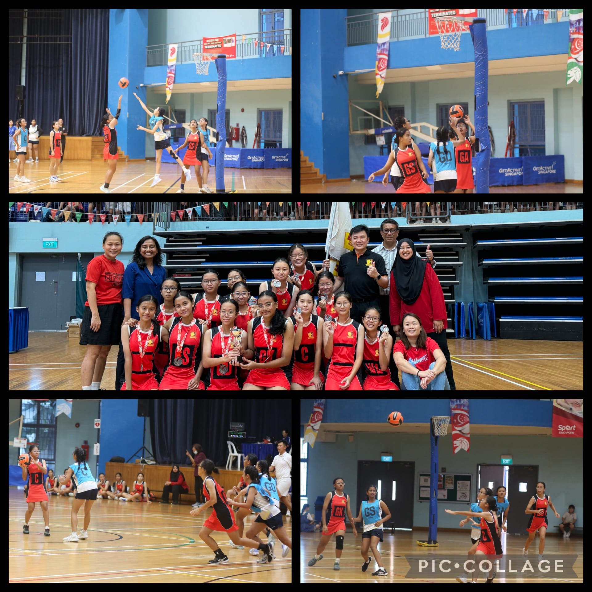 Collage of girls in red and black uniforms playing netball indoors, plus a team photo with medals and a trophy.