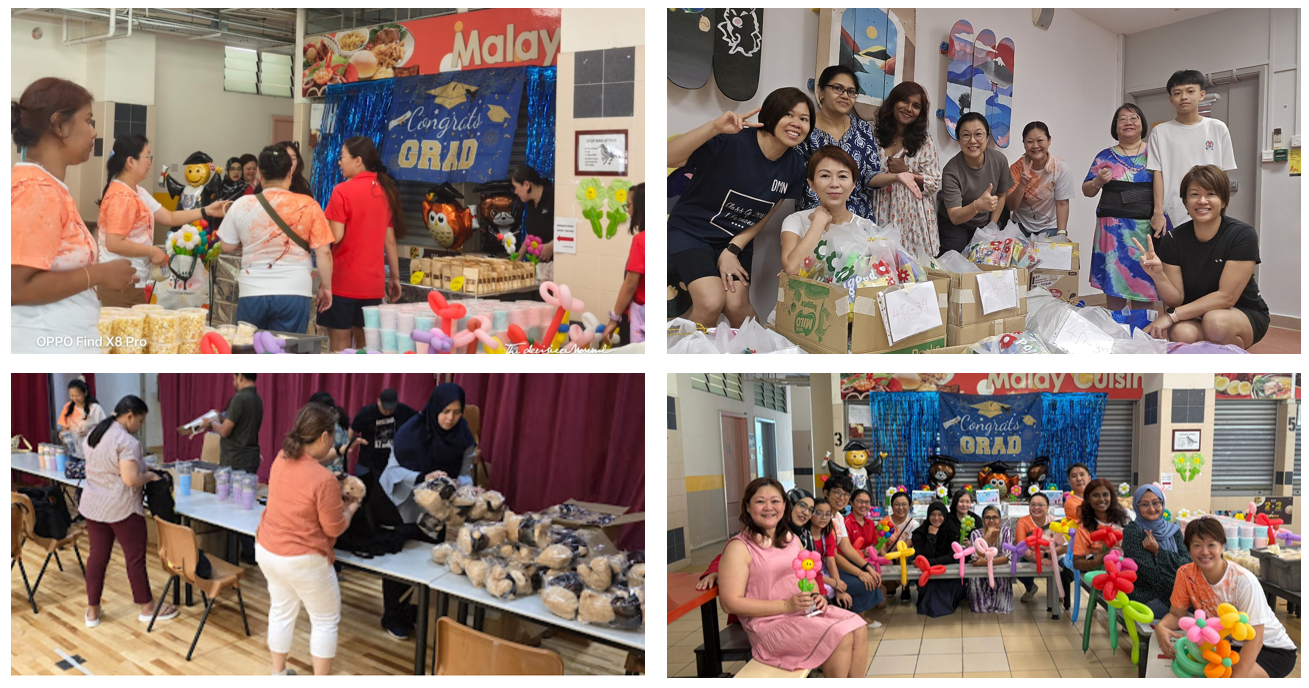 Four photos of a graduation celebration with people, balloon decorations, gift boxes, and a Congrats Grad banner.