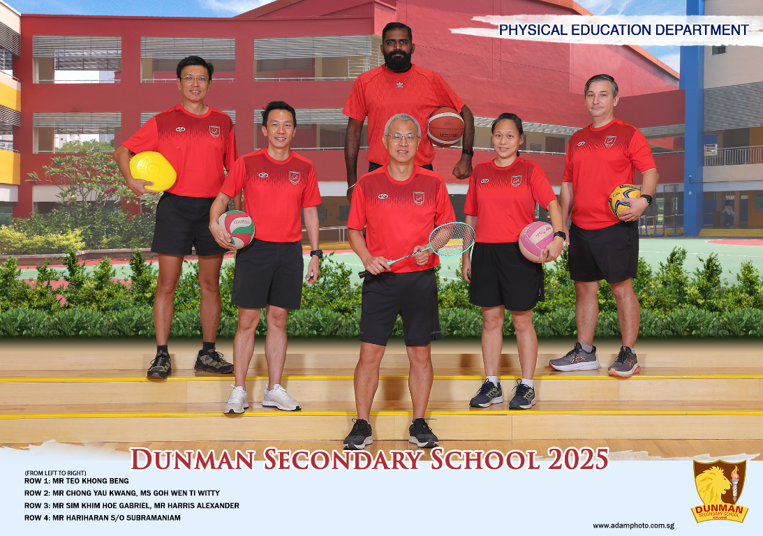 Six PE teachers in red uniforms pose with sports equipment for Dunman Secondary School 2025 department photo.