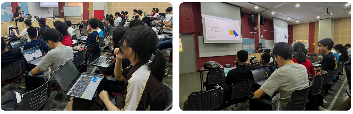 Students with laptops attend a Google Cloud Fundamentals lecture in a classroom with a projected presentation.