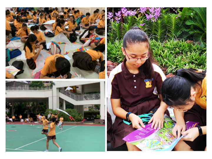 Three scenes of students in brown uniforms: crafting on a floor, playing outdoors, and reading a book together near flowers.