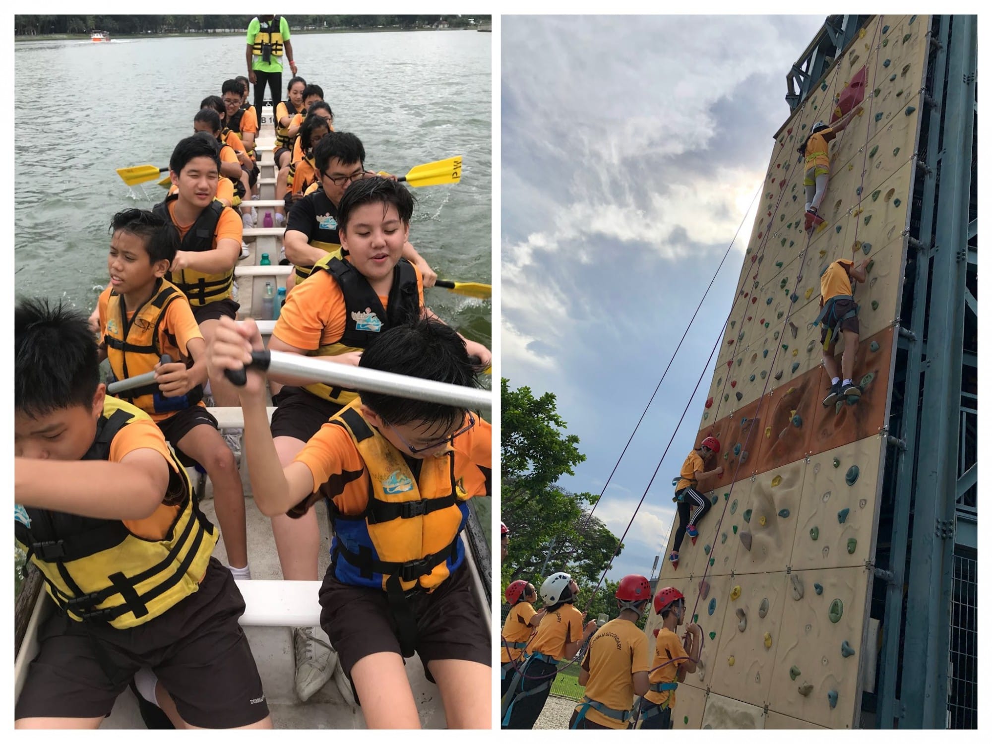 Students in orange shirts paddle a dragon boat on the left, while others climb a tall rock wall on the right.