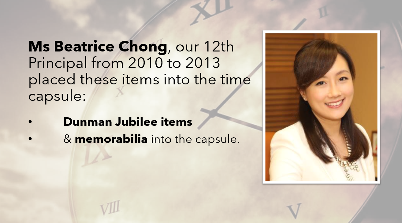 Slide with a clock background showing Ms Beatrice Chong, 12th Principal 2010-2013, who placed items in a time capsule.