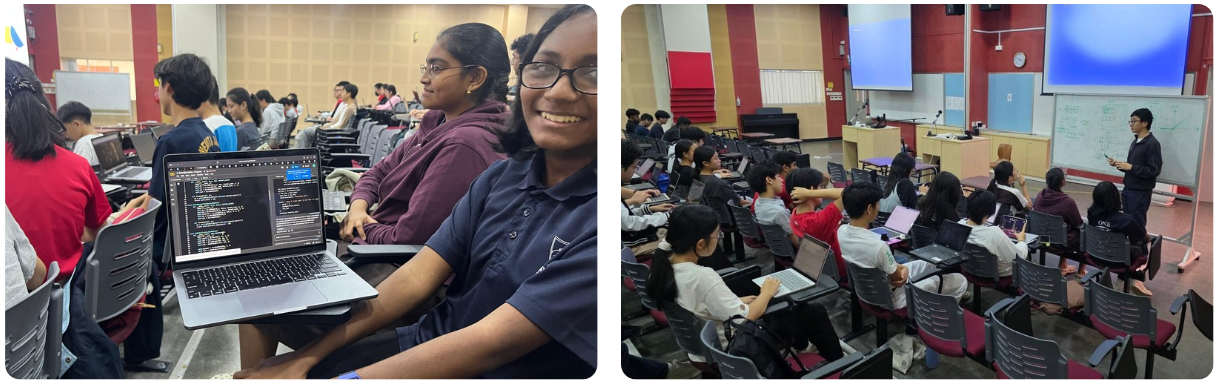 Two students smile with a laptop showing code, beside a lecture hall full of students watching a presenter at a whiteboard.