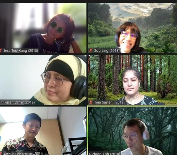 Six participants in a video call grid, each labeled with names and 2018, some with nature virtual backgrounds.