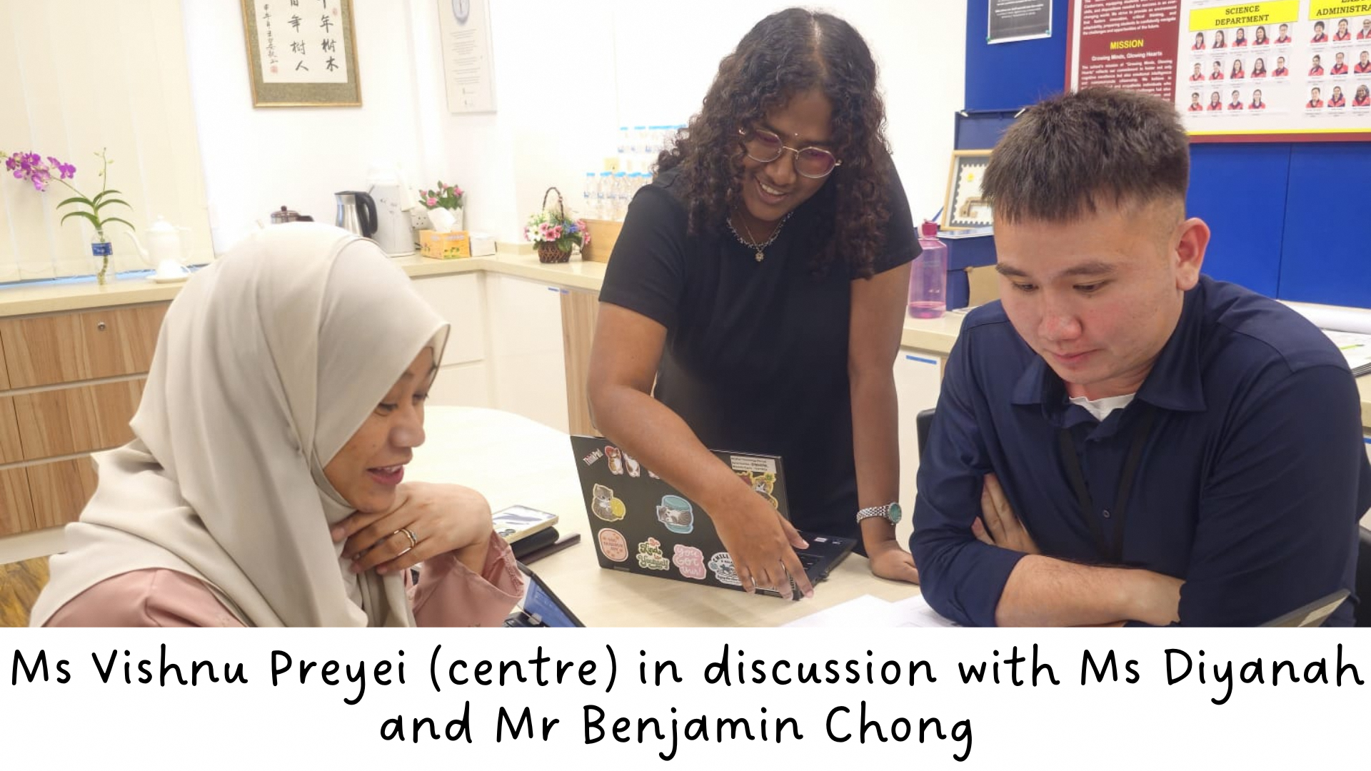 Ms Vishunu Preyei (centre) in discussion with Ms Diyanah and Mr Benjamin Chong