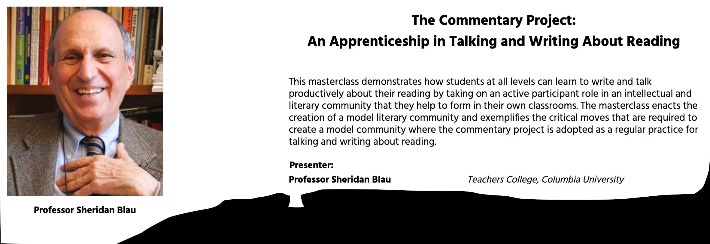 Professor Sheridan Blau, an older smiling man in a suit and tie, beside text about his masterclass at Columbia University.