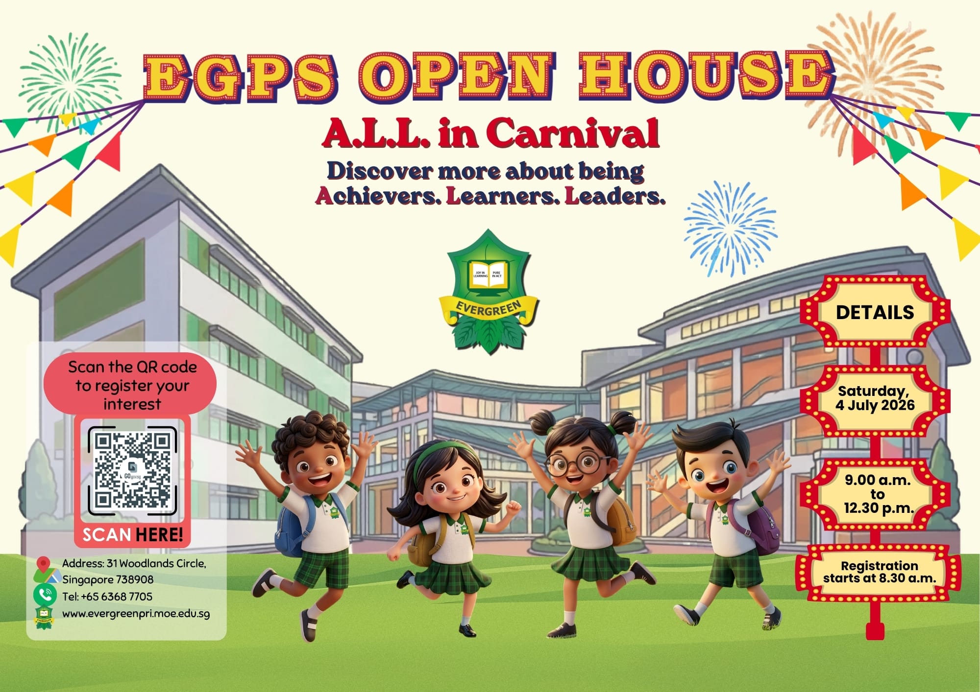 Flyer for EGPS Open House carnival on 4 July 2026, 9am-12:30pm, featuring cartoon children in school uniforms and a QR code.