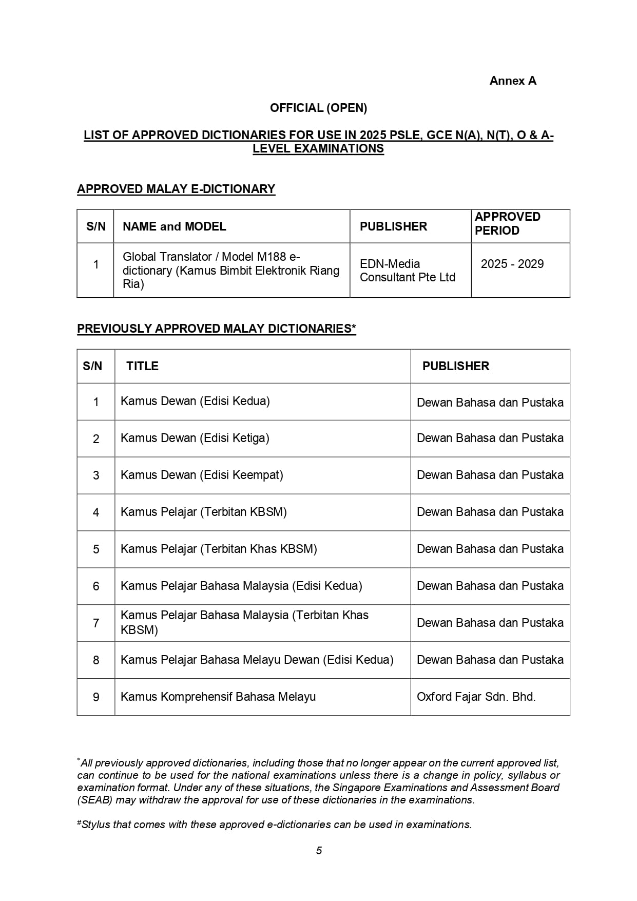 Annex A listing approved Malay dictionaries for 2025 Singapore national exams, with publisher details.