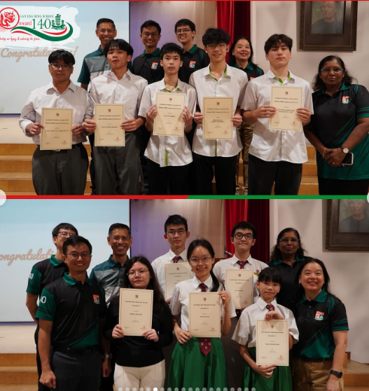 Two groups of students in school uniforms holding certificates, posed with teachers in a school hall.