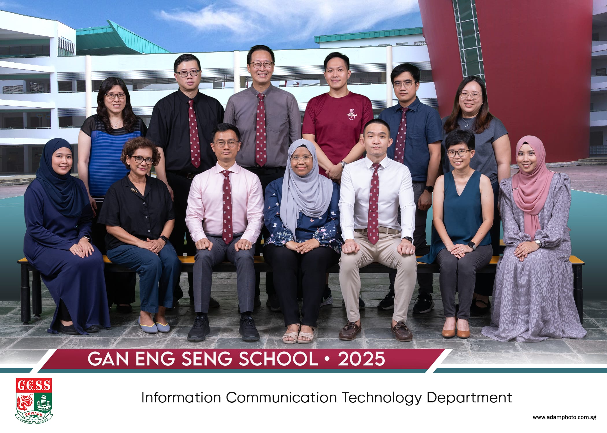 Group photo of 13 staff members of Gan Eng Seng School ICT Department, 2025, posed outdoors.