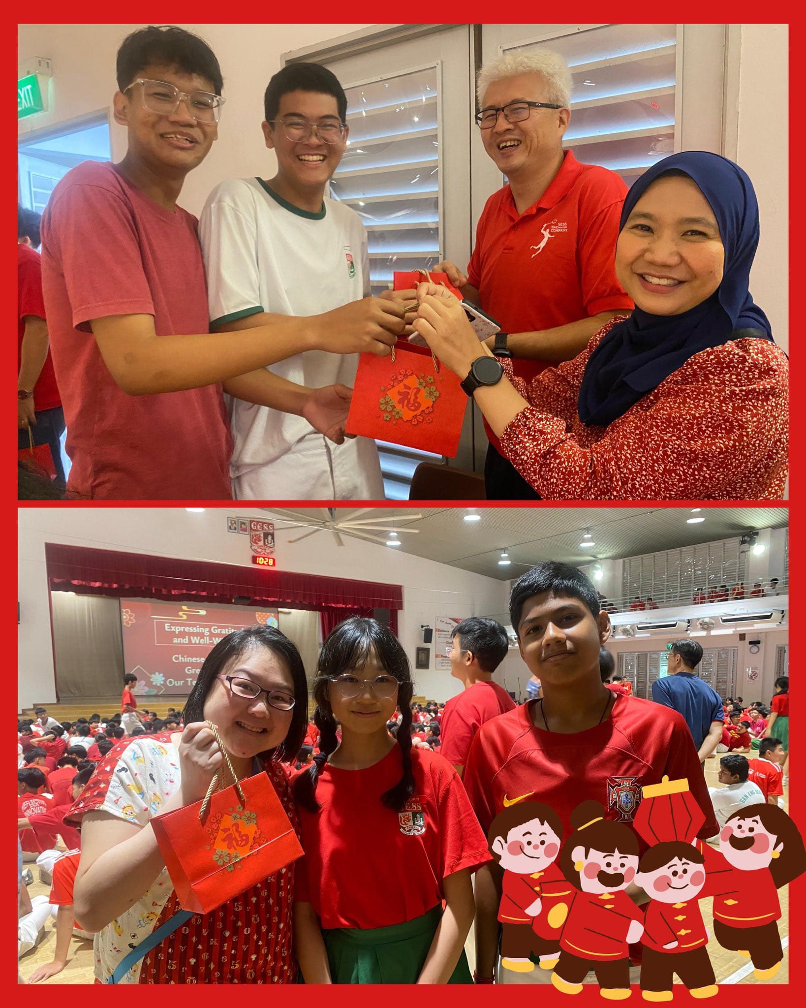 Students and teachers smiling while exchanging red gift bags at a Chinese New Year school celebration in a hall.