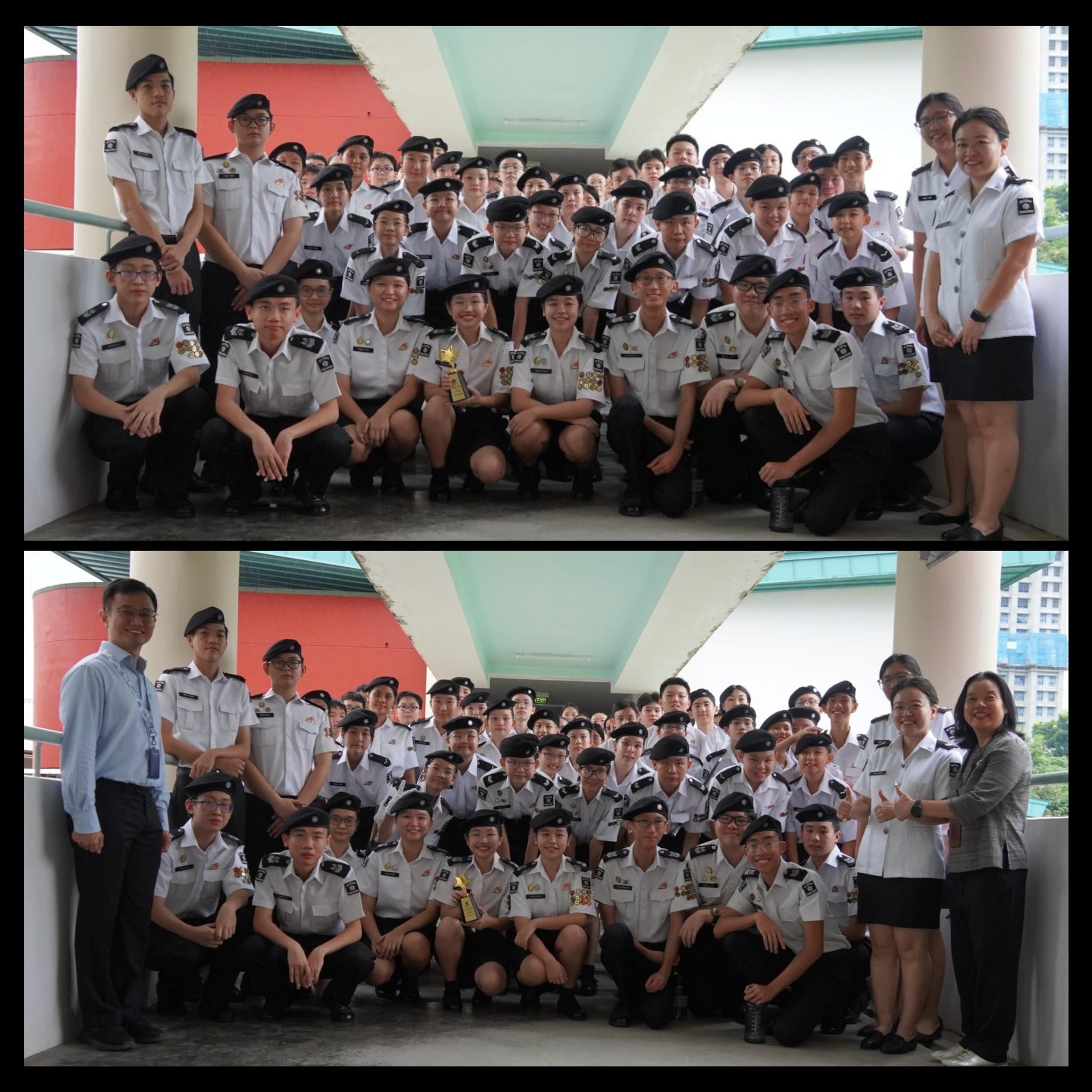 Two group photos of young students in white uniforms and black berets posing with adult supervisors outdoors.