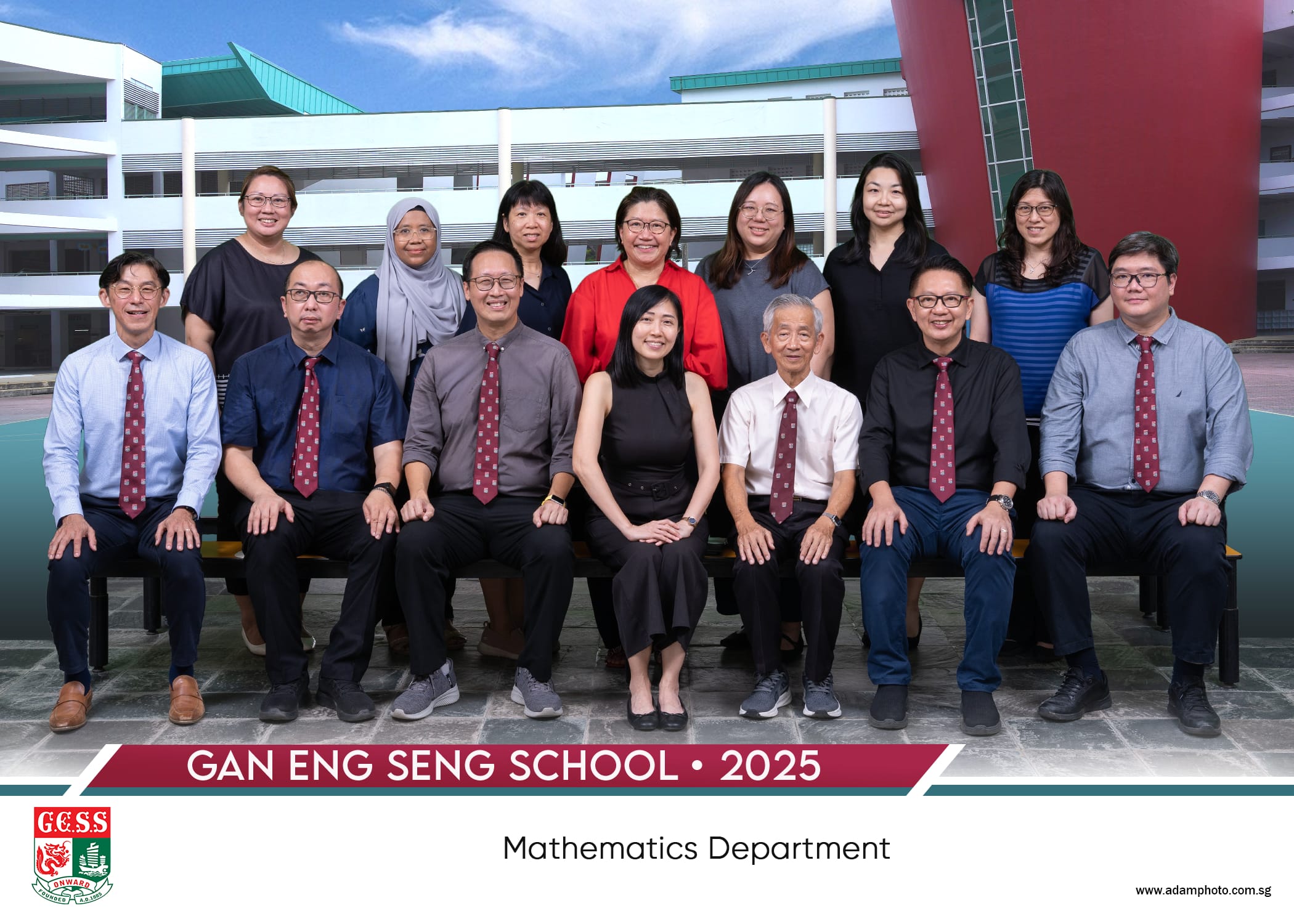 Group photo of Gan Eng Seng School Mathematics Department staff posing outdoors in 2025.