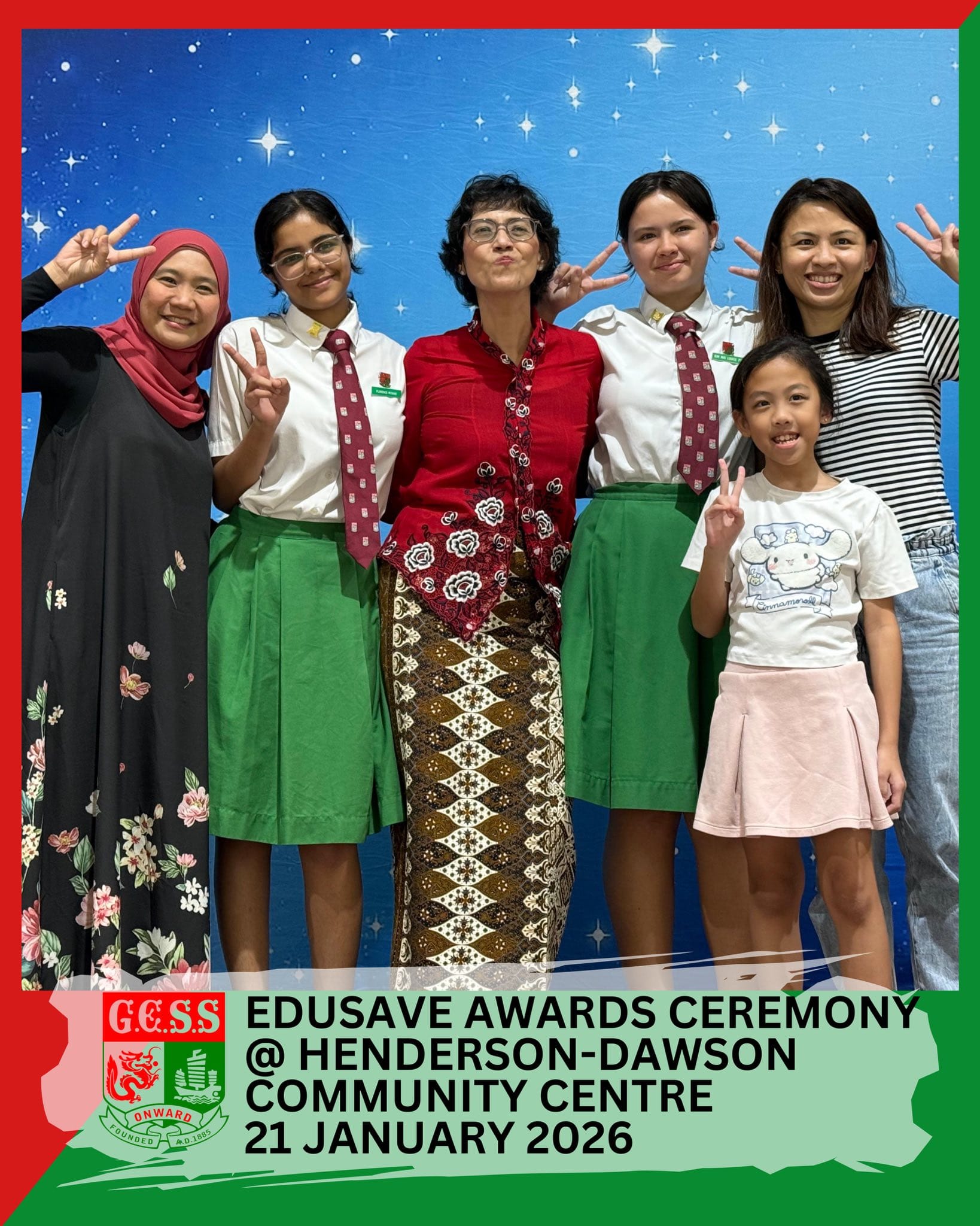 Six people pose with peace signs at the GESS Edusave Awards Ceremony on 21 January 2026.