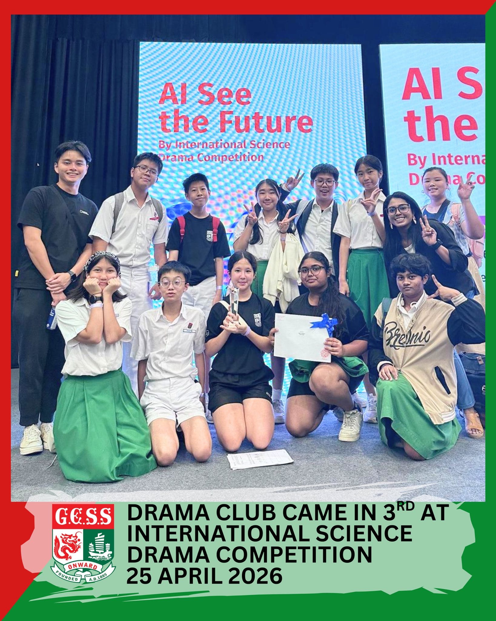 Group of students posing with a trophy and certificate in front of an AI See the Future drama competition backdrop.