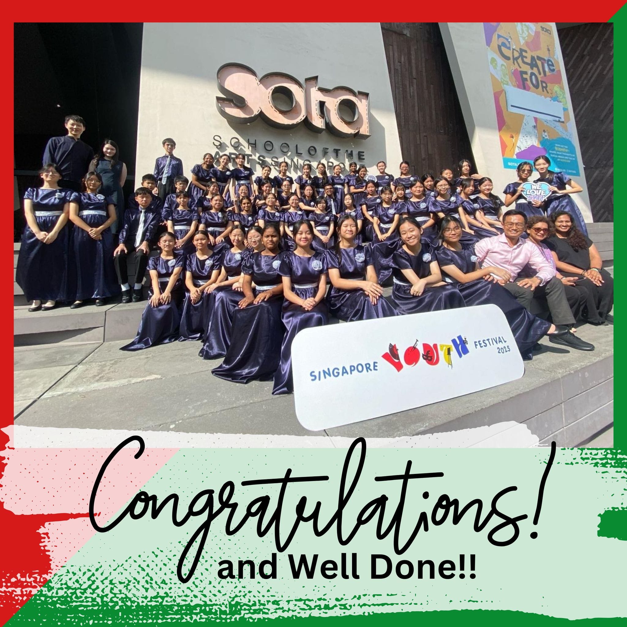 Large choir group in navy gowns poses outside SOTA building with Singapore Youth Festival 2025 sign.