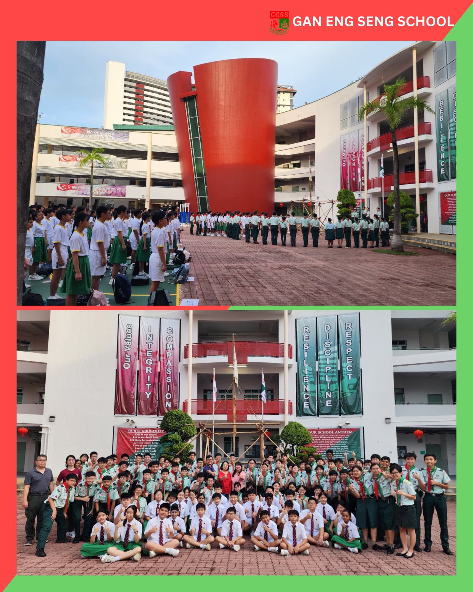 Students in uniform assembled and posing at Gan Eng Seng School courtyard with red cylindrical structure.
