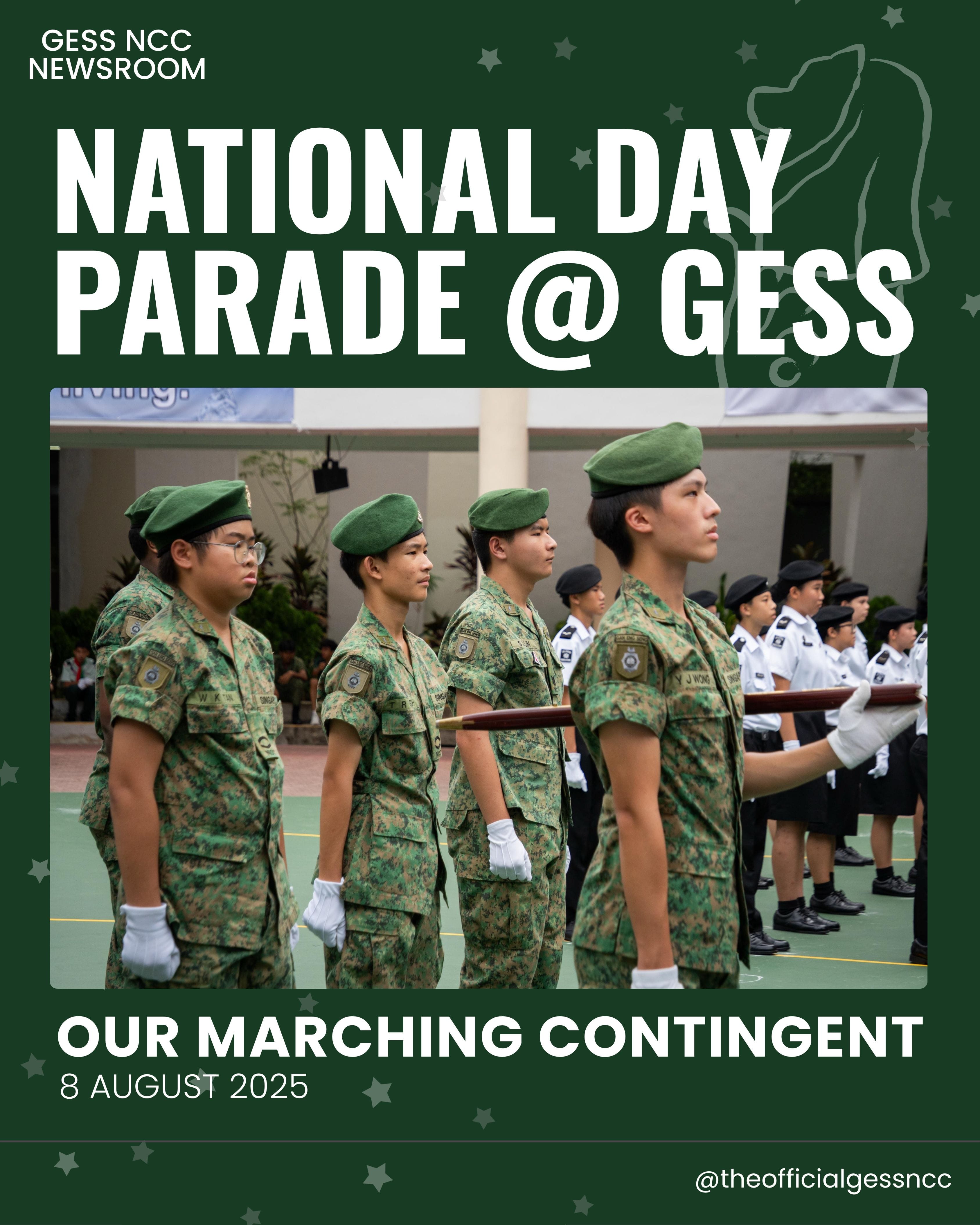 GESS NCC cadets in camouflage uniforms and green berets marching in formation at a National Day Parade on 8 August 2025.