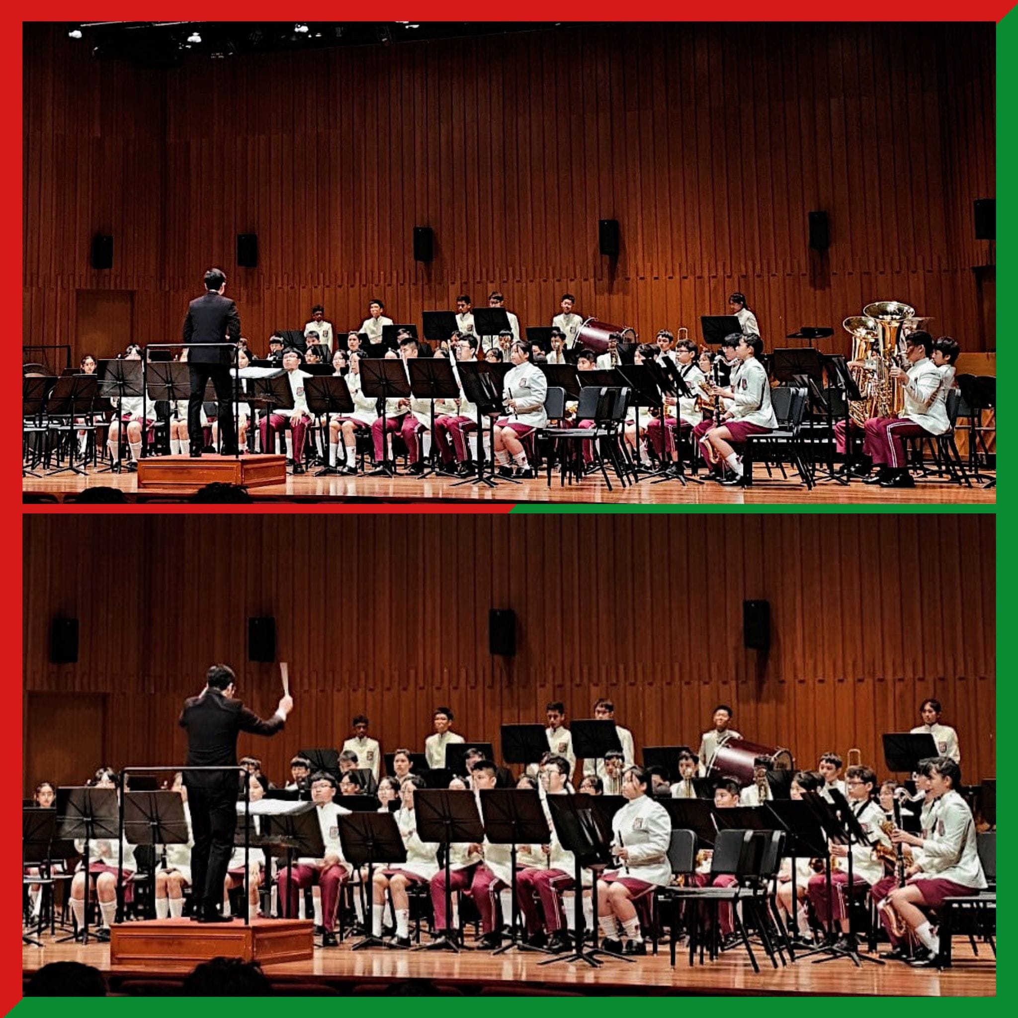 Two photos of a youth school band in white and maroon uniforms performing on stage with a conductor.