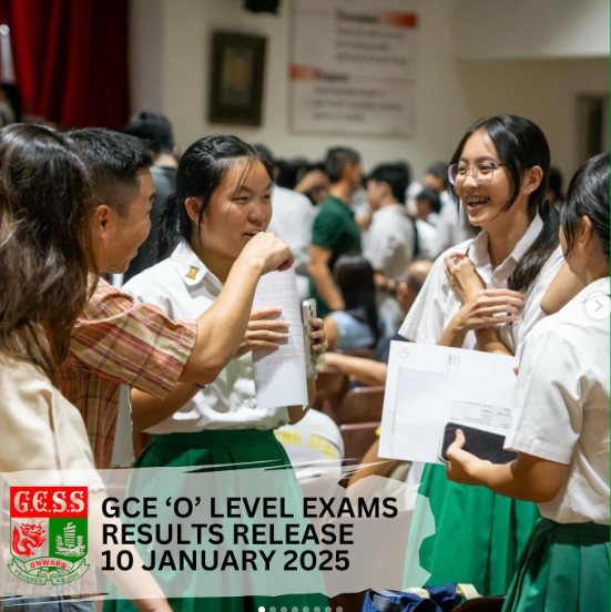 Students in white and green uniforms holding papers, celebrating GCE O Level results release on 10 January 2025.