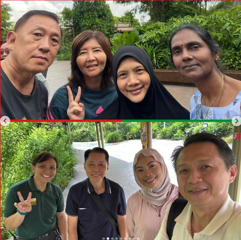 Two group selfies of smiling people outdoors surrounded by lush green tropical plants.