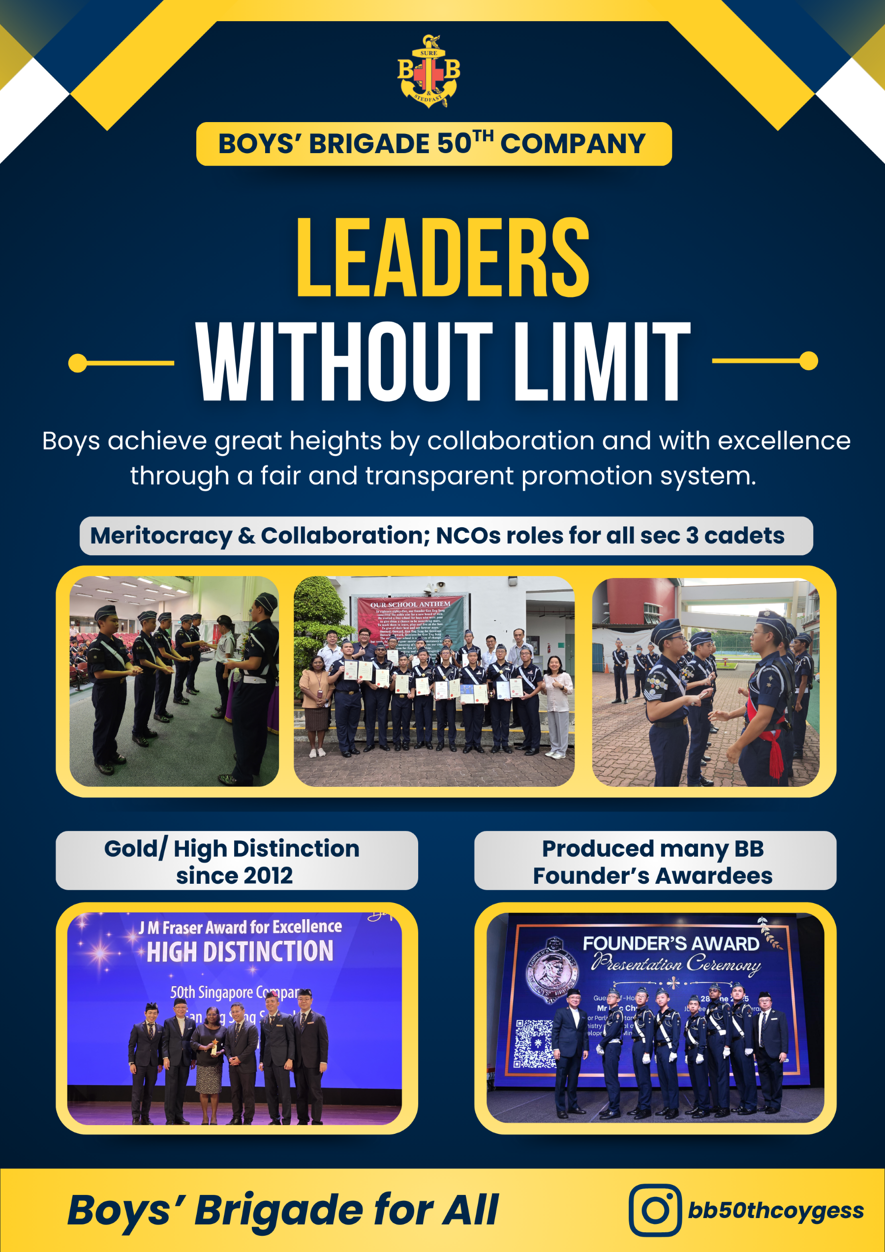 Boys Brigade 50th Company recruitment poster titled Leaders Without Limit with cadet photos and award highlights.