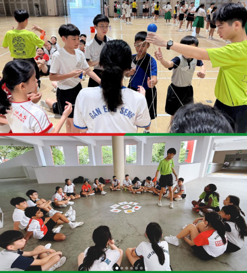 Students in uniforms play team games indoors; top shows a ball-and-string activity, bottom shows a circle group activity.