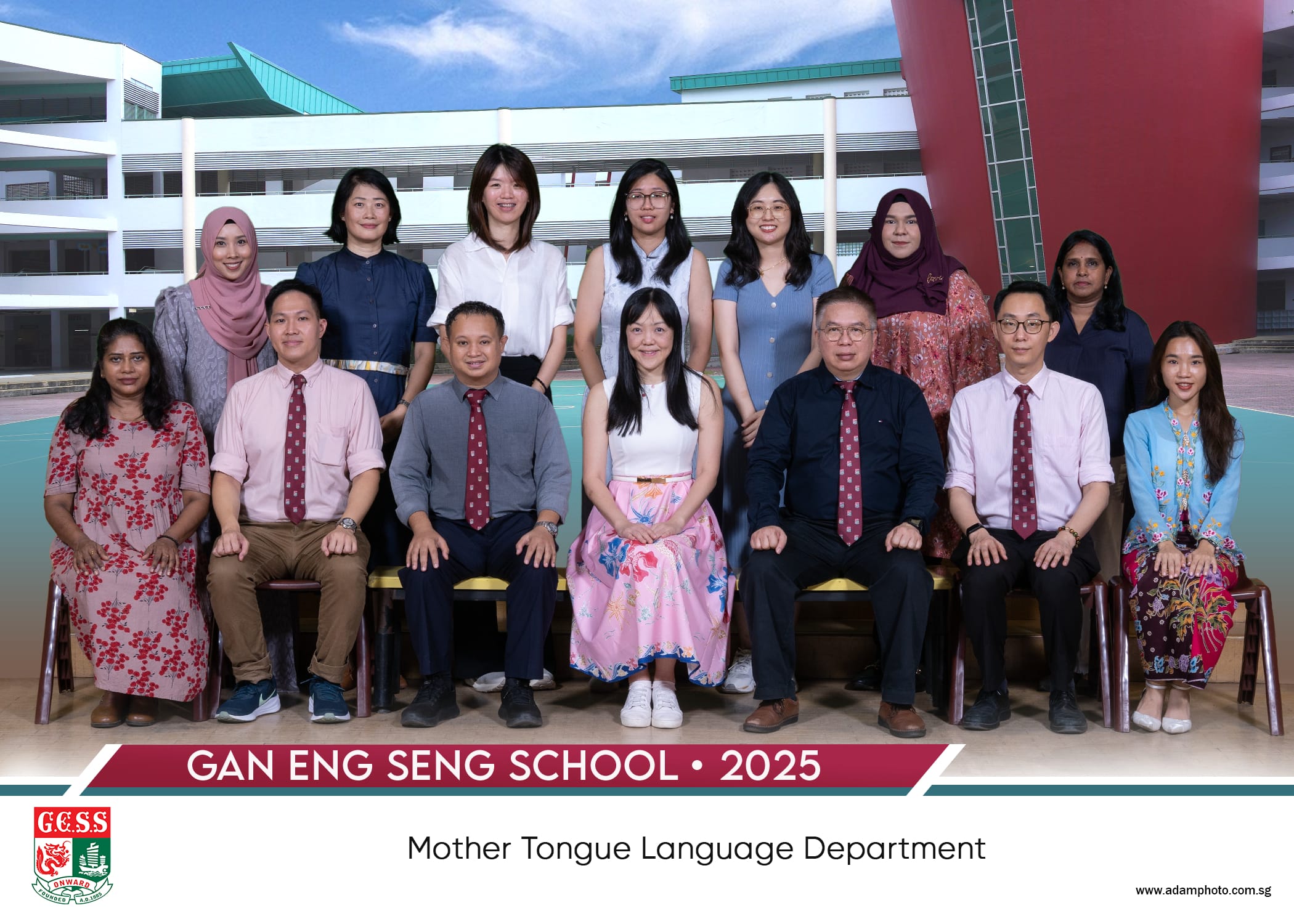 Group photo of Gan Eng Seng School's Mother Tongue Language Department staff posing outdoors in 2025.
