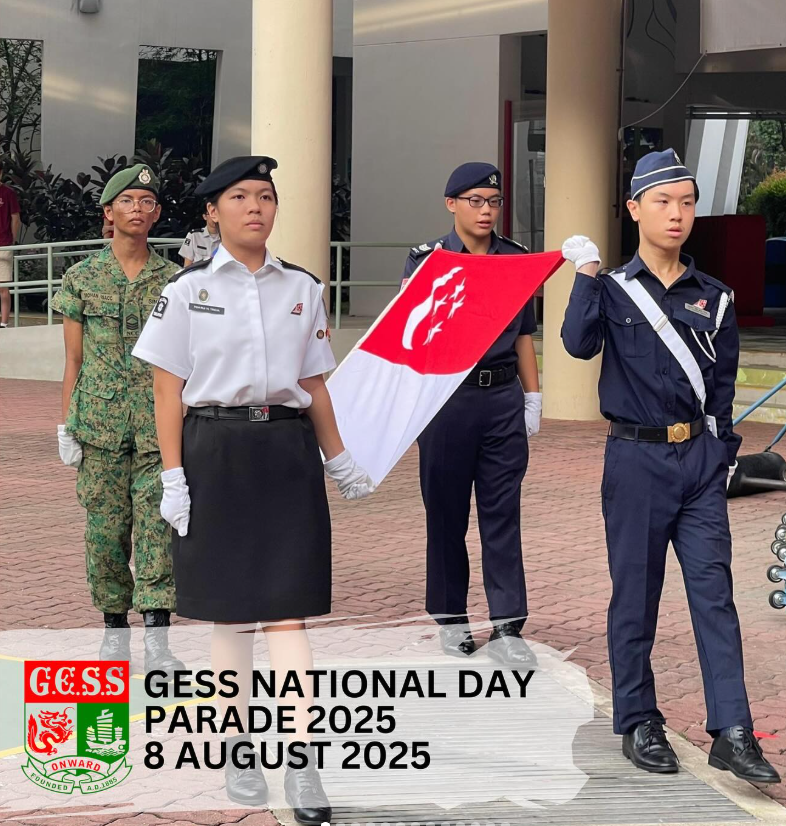 Four students in uniform hold the Singapore flag during the GESS National Day Parade on 8 August 2025.