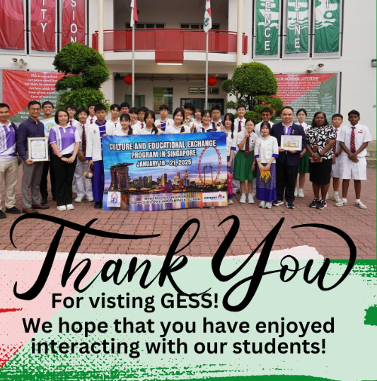 Group of students and adults holding a Singapore cultural exchange program banner, with a Thank You message overlay.