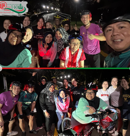 Two group photos of cyclists in helmets posing together outdoors at night, smiling at the camera.